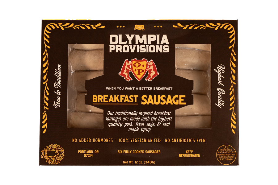 Olympia Provisions Breakfast Sausage with fresh sage and maple syrup, in black packaging.