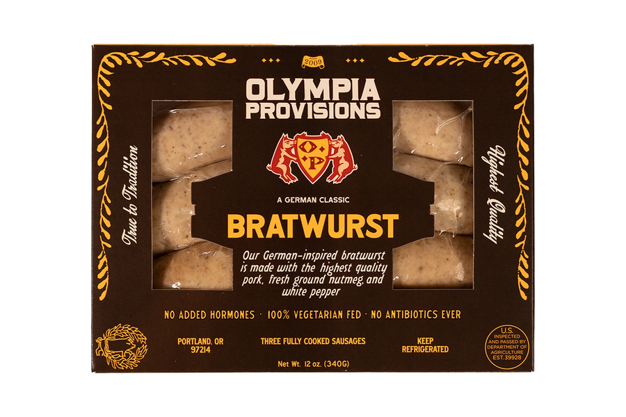 Olympia Provisions German Bratwurst with nutmeg and white pepper, in black packaging.