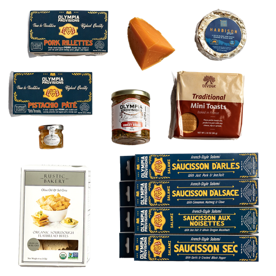Olympia Provisions Pork Rillettes, Pistachio Pate, mini toasts, jam, and four French-inspired salamis, plus Rustic Bakery crackers.