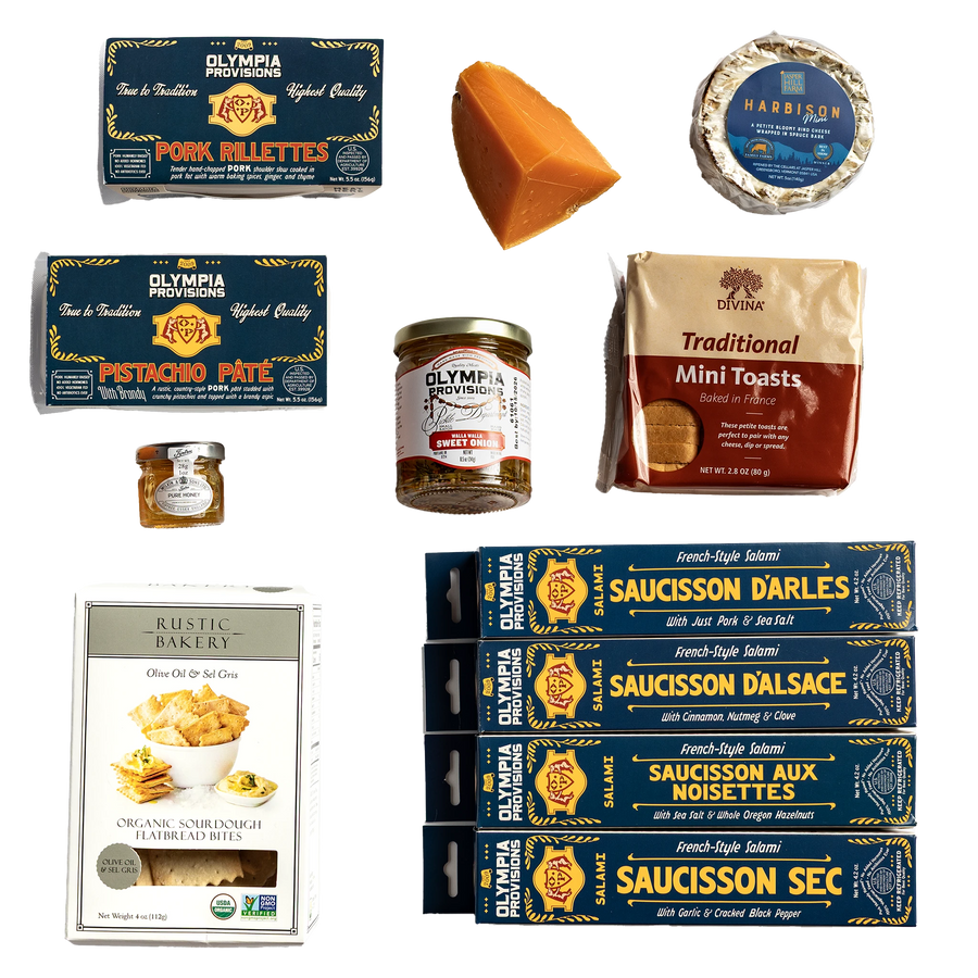 Olympia Provisions Pork Rillettes, Pistachio Pate, mini toasts, jam, and four French-inspired salamis, plus Rustic Bakery crackers.