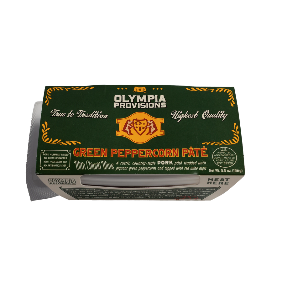 Olympia Provisions Green Peppercorn Pate with green peppercorns and red wine, in green packaging.