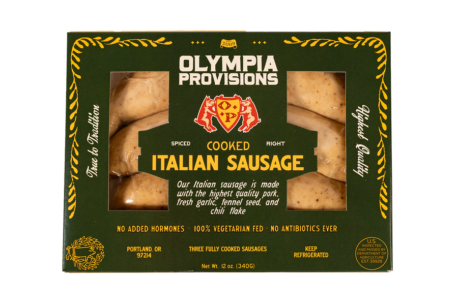 Olympia Provisions Italian Sausage with garlic, fennel seed, and chili flakes, packaged in a green box.