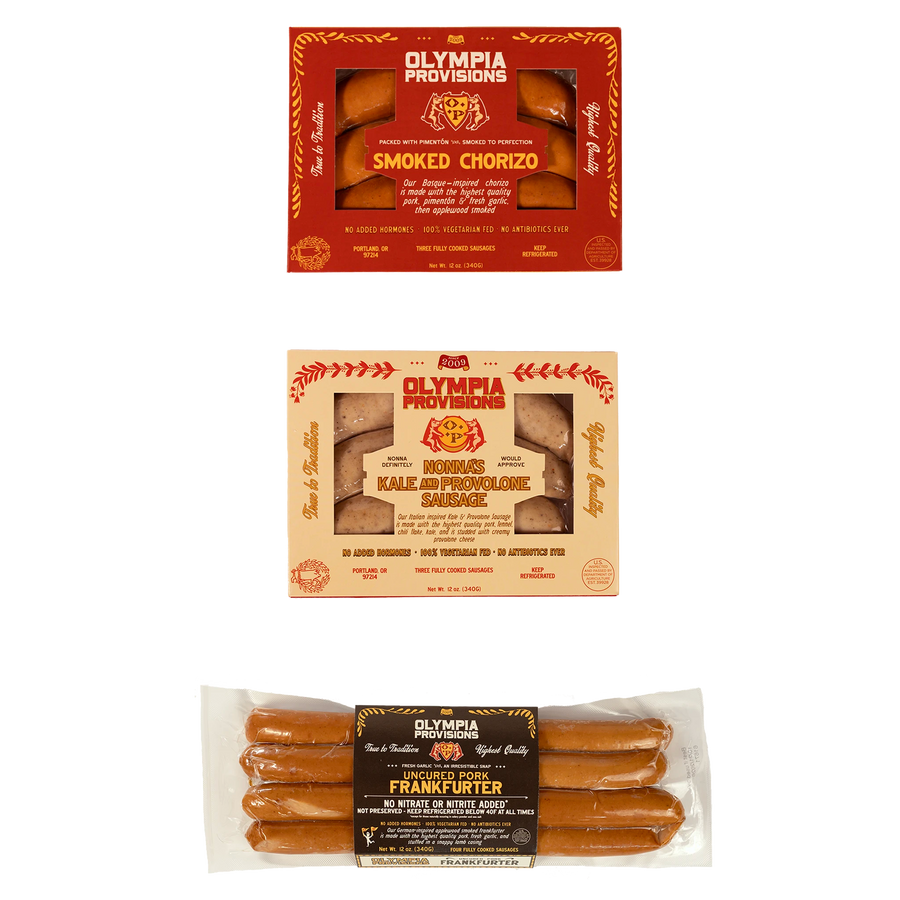 Olympia Provisions Smoked Chorizo sausage, Kale & Provolone sausage, and Pork Frankfurter.