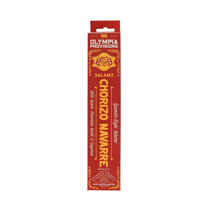 Olympia Provisions Chorizo Navarre with sweet pimenton, garlic, and cayenne, packaged in a red box.
