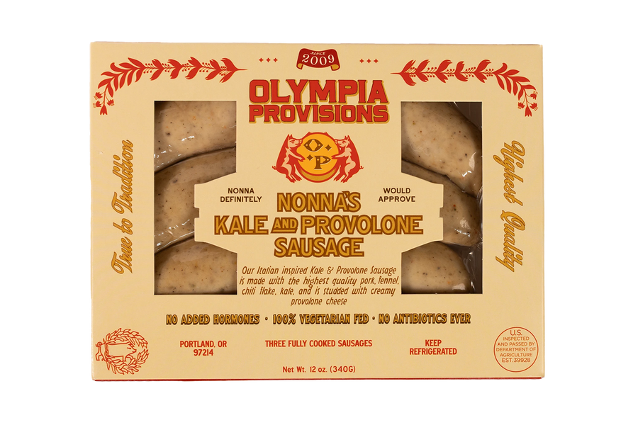 Olympia Provisions seasonal Nonna's Kale and Provolone sausage, in cream packaging.
