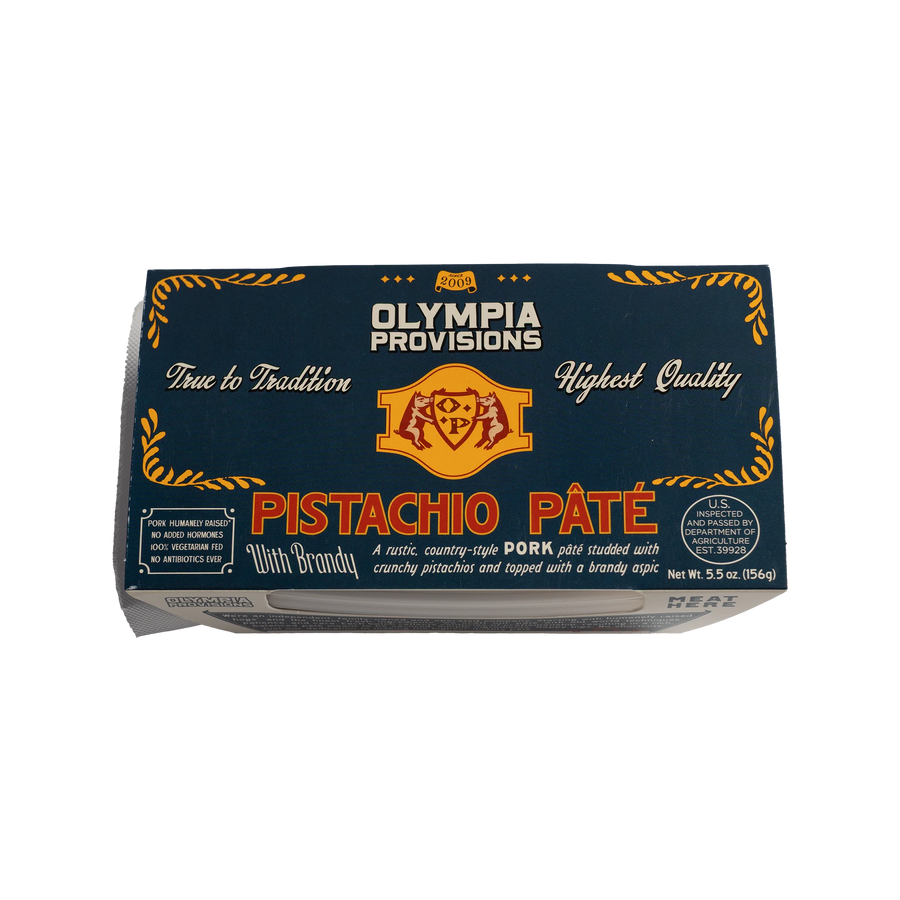 Olympia Provisions Pistachio Pate with pistachios and brandy, in blue packaging.