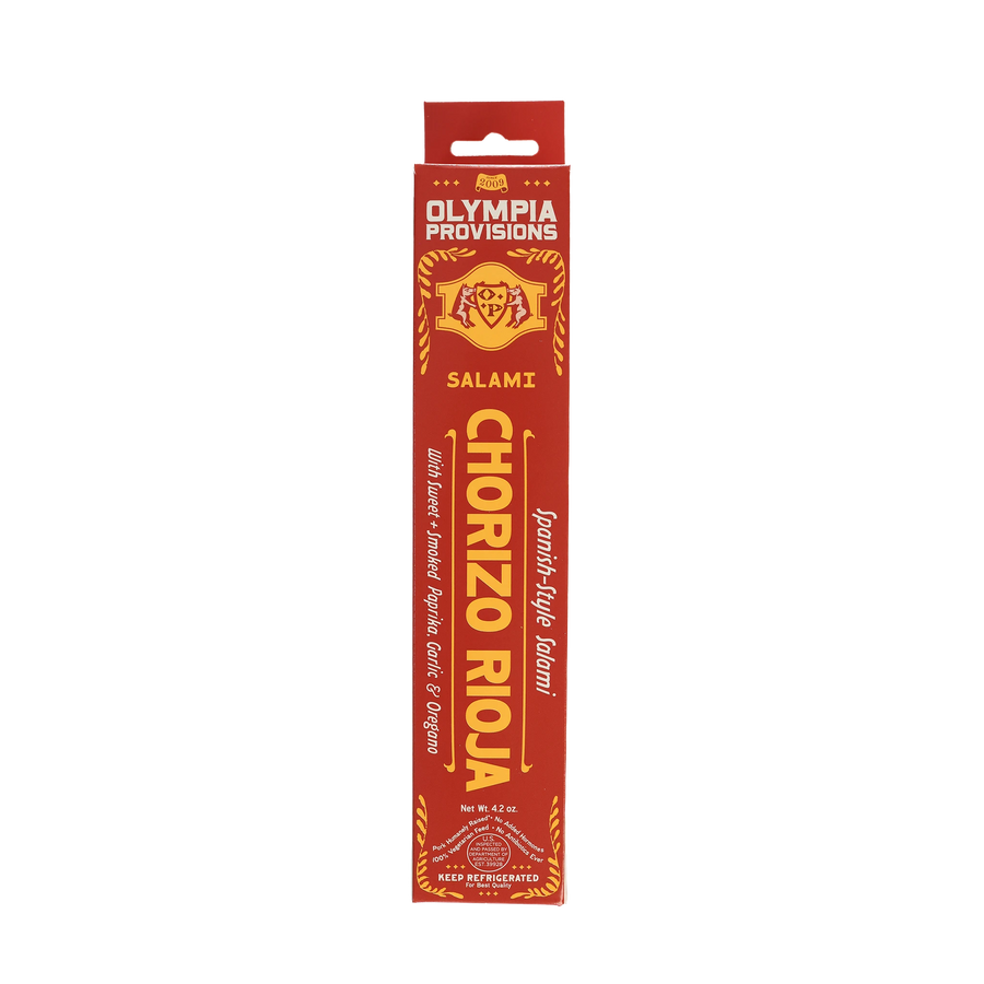 Olympia Provisions Chorizo Rioja with garlic, paprika, and oregano, packaged in a red box.