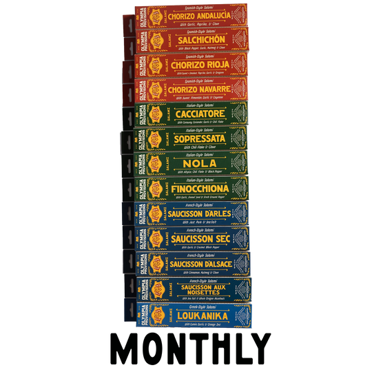 Vertical stack of 12 varied French, Spanish, Italian, and Greek Olympia Provisions Salami with the word "Monthly" at the bottom.