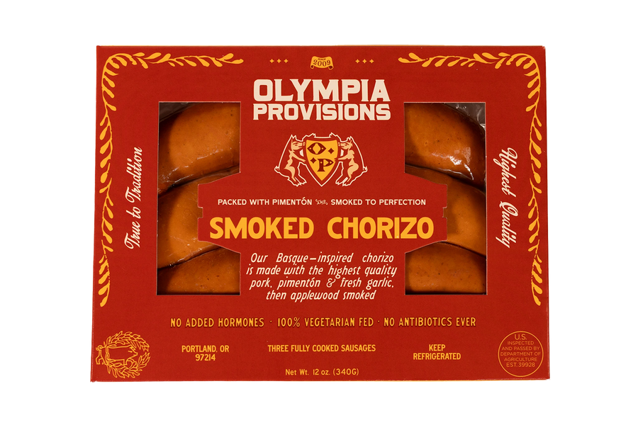 Olympia Provisions Smoked Chorizo Sausage with pimenton and garlic, packaged in a red box.