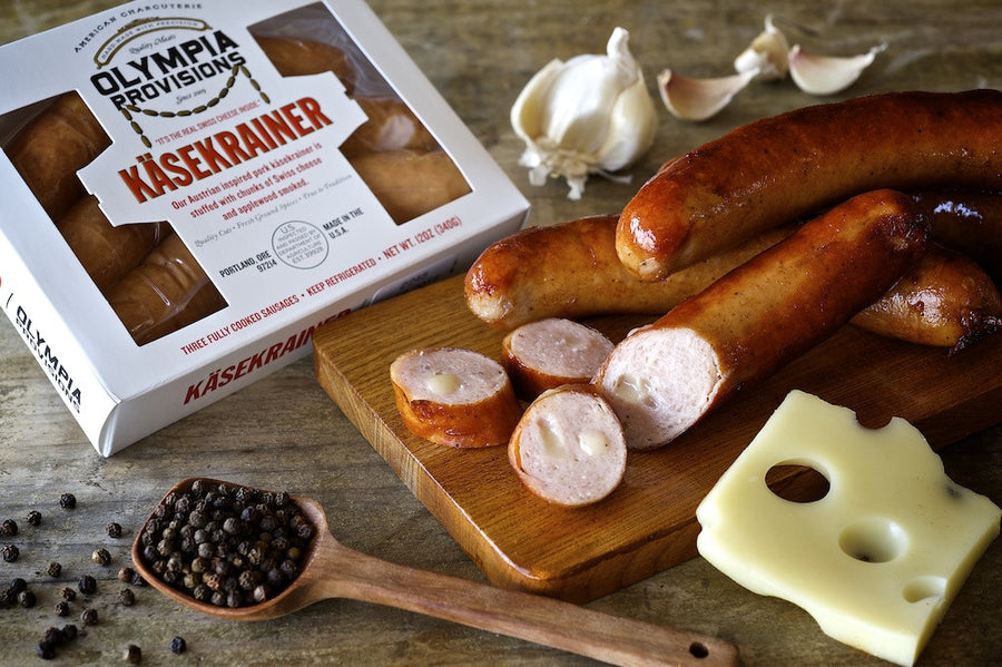 Kasekariner Austrian-style sausafe stuffed with swiss cheese from Olympia Provisions gourmet meats